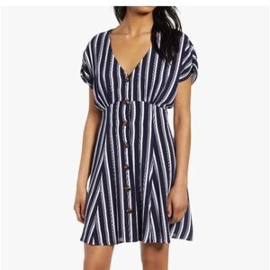 BP Nordstrom Striped Button Through Mini Dress Navy White Medium